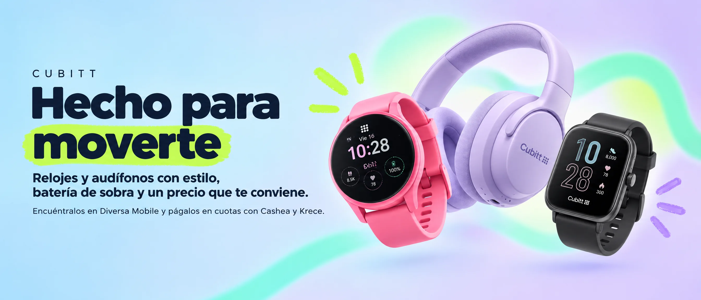 Cubitt, hecho para moverte. Relojes y audífonos con estilo, batería de sobra y un precio que te conviene. Encuéntralos en Diversa Mobile y págalos en cuotas con Cashea y Krece.